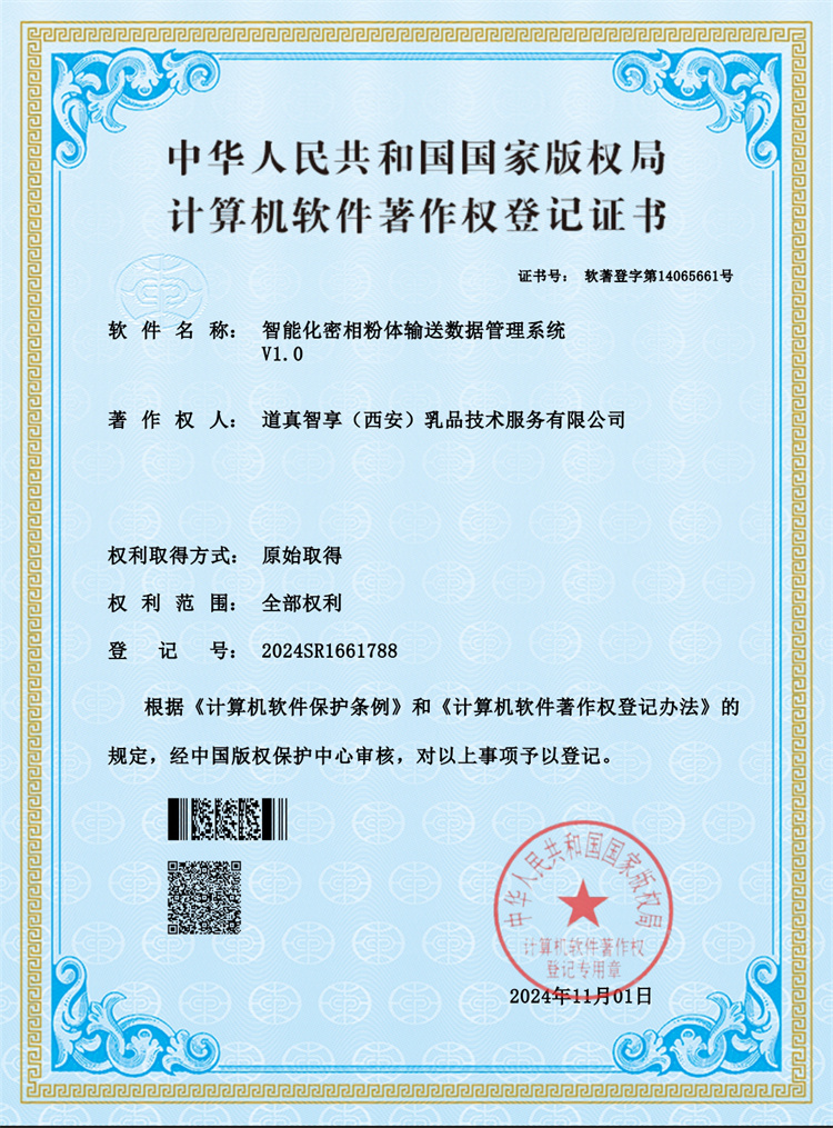 Computer Software Copyright Registration Certificate – Intelligent Dense Phase Powder Conveying Data Management System